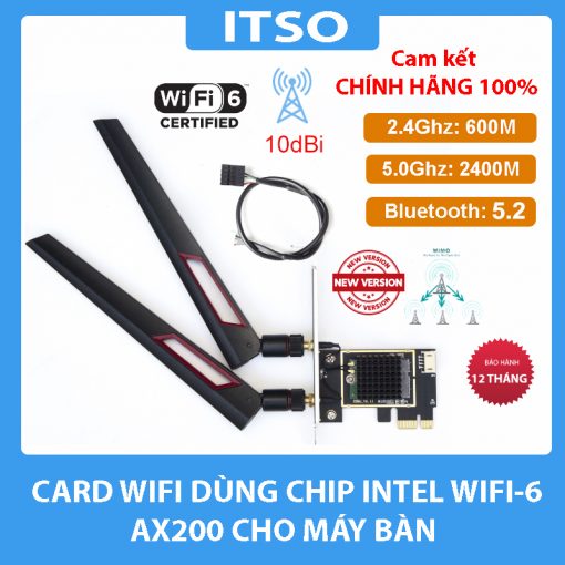 Card WIFI Intel WIFI-6 AX200 khe PCI tích hợp Bluetooth 5.0 có tản nhiệt