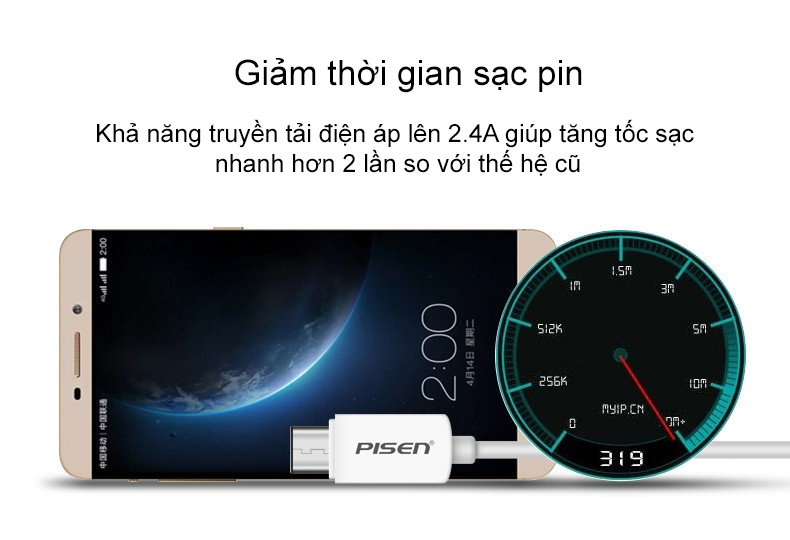 Cáp sạc Pisen USB Type-C 2A 1m - Hàng chính hãng