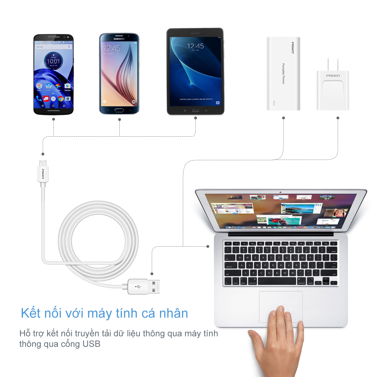 Cáp sạc Pisen MicroUSB (Moto 2A) 100cm - Hàng chính hãng