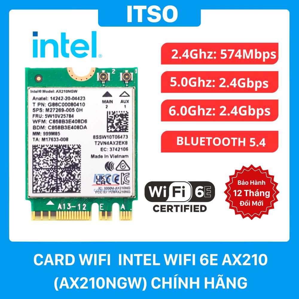 Card WIFI Intel WIFI-6E AX210 (AX210NGW) khe M2 NGFF cho laptop 6 Card WIFI Intel WIFI-6E AX210 (AX210NGW) khe M2 NGFF cho laptop