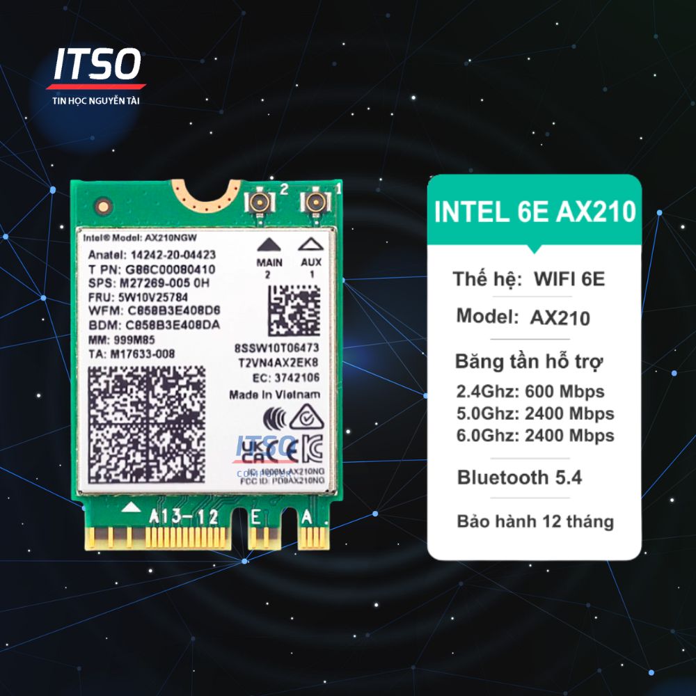 Card WIFI Intel WIFI-6E AX210 (AX210NGW) khe M2 NGFF cho laptop Card WIFI Intel WIFI-6E AX210 (AX210NGW) khe M2 NGFF cho laptop
