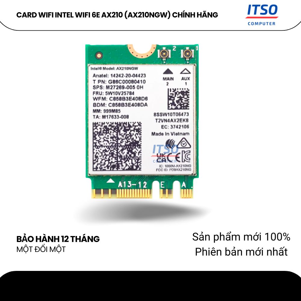 Card WIFI Intel WIFI-6E AX210 (AX210NGW) khe M2 NGFF cho laptop Card WIFI Intel WIFI-6E AX210 (AX210NGW) khe M2 NGFF cho laptop