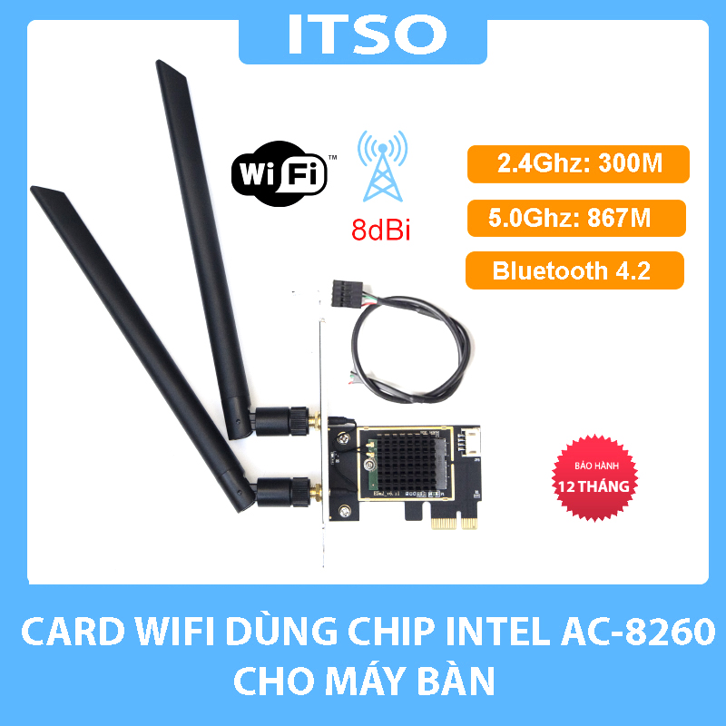 Card WIFI Intel AC 8260 khe PCI tích hợp Bluetooth 4.2 có tản nhiệt