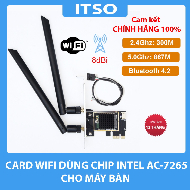 Card WIFI Intel AC 7265 khe PCI tích hợp Bluetooth 4.2 có tản nhiệt