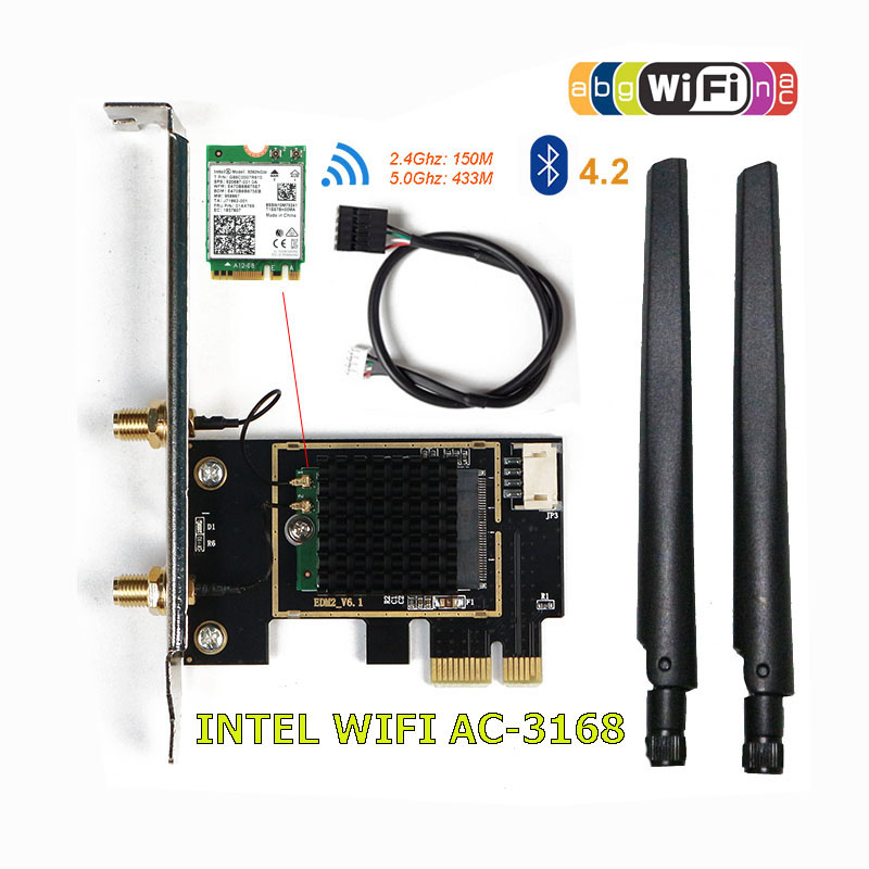 Card WIFI Intel AC 3168 khe PCI tích hợp Bluetooth 4.2 tản nhiệt