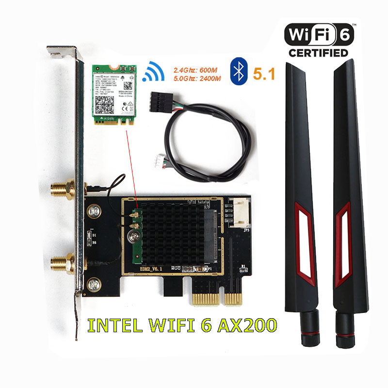 Card WIFI Intel WIFI-6 AX200 khe PCI tích hợp Bluetooth 5.1 có tản nhiệt
