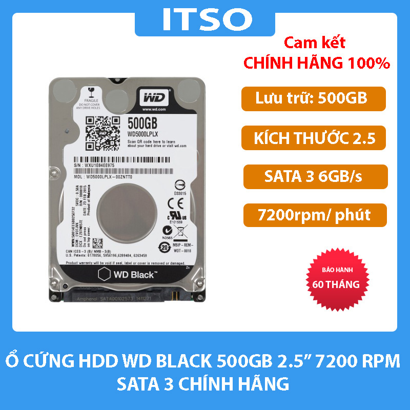 Ổ cứng HDD WD Black 500GB 2.5" SATA 3/ 7200RPM/ 32MB Cache/ 7mm chính hãng