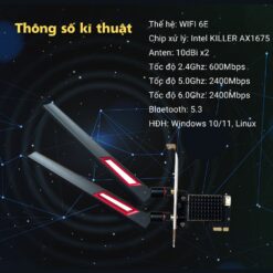 Card WIFI Intel Killer 6E AX1675 khe PCI tích hợp Bluetooth 5.3 có tản nhiệt
