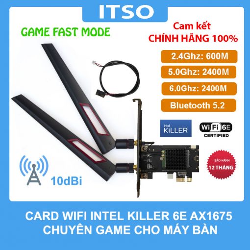 Card WIFI Intel Killer 6E AX1675 khe PCI tích hợp Bluetooth 5.2 có tản nhiệt