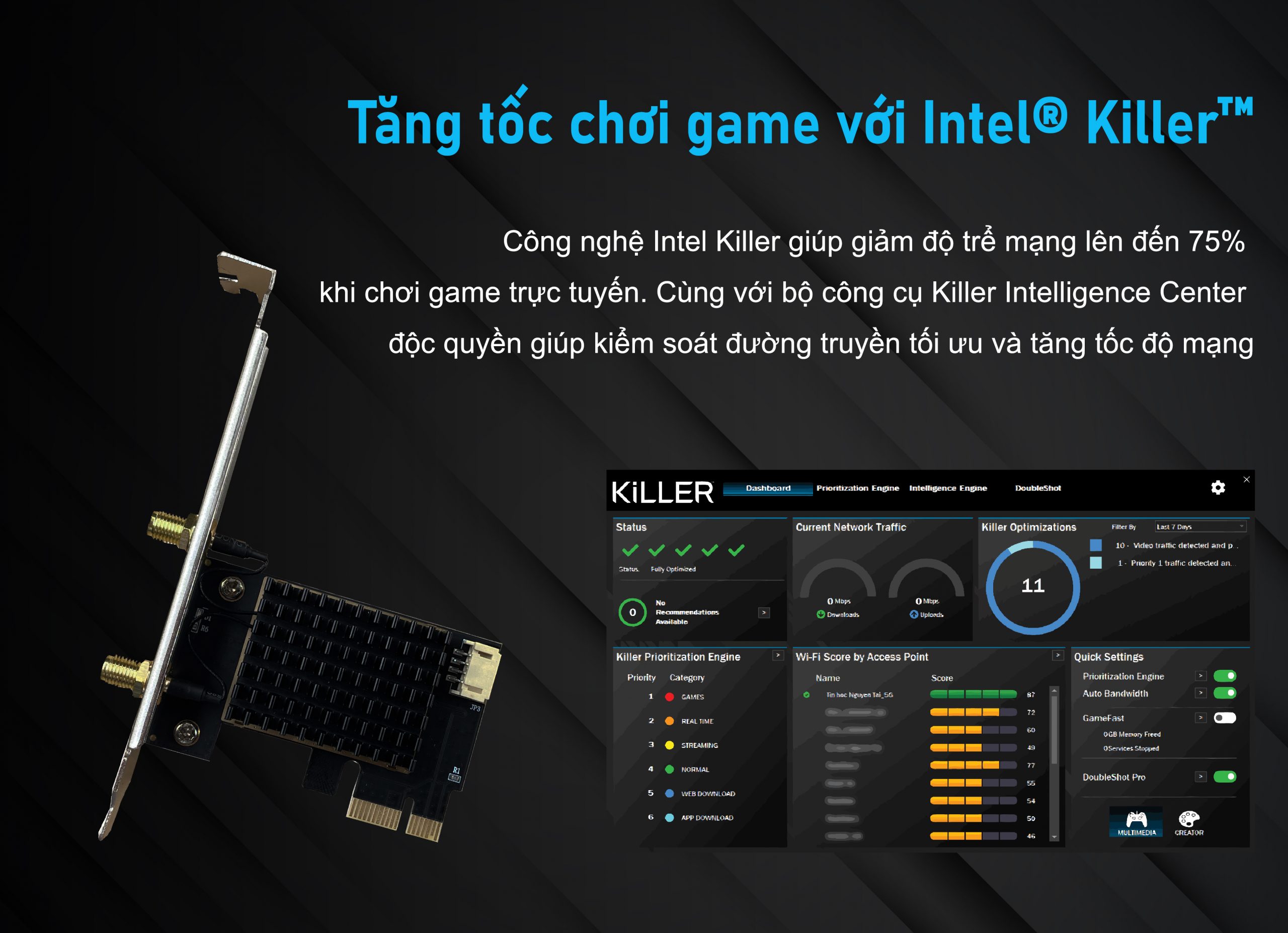 Card WIFI Intel Killer 6E AX1675 khe PCI tích hợp Bluetooth 5.3 có tản nhiệt
