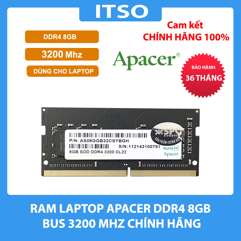 Ram laptop Apacer DDR4 SODIMM 3200-22 1024x8 8GB RP chính hãng
