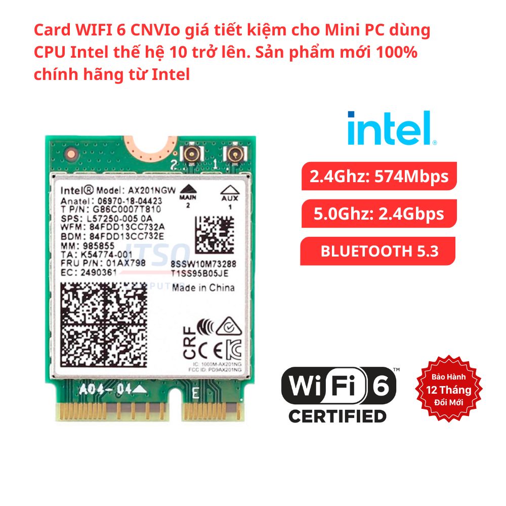 Bộ Card Wifi 6 Intel AX201 CNVIo Dành Cho Mini PC Anten 2DBI
