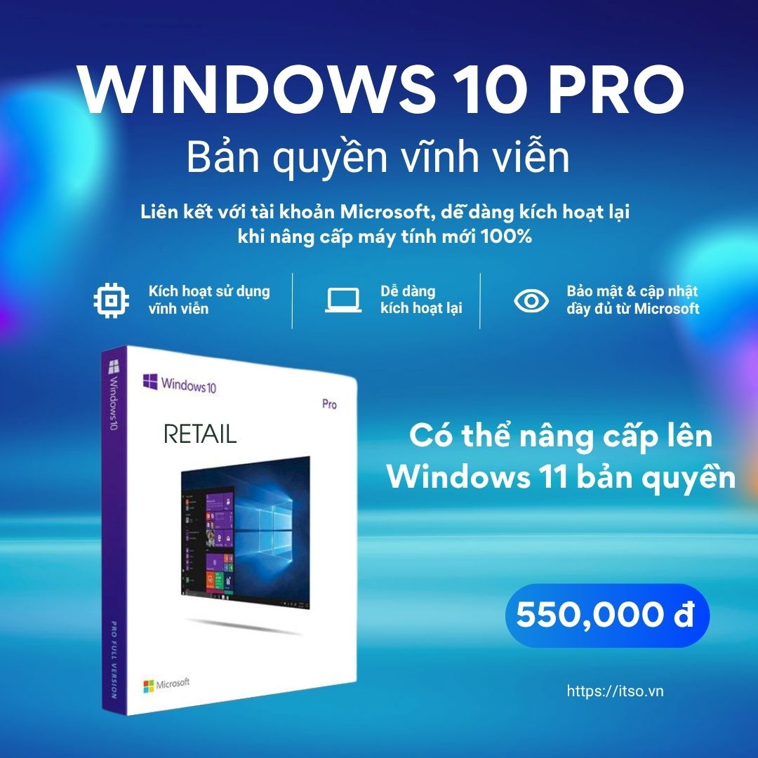 Bản quyền Windows 10 Professional (Liên kết với tài khoản Microsoft) 1 Bản quyền Windows 10 Pro Retail Key