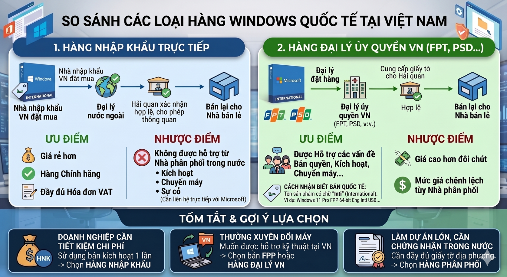 Sự khác nhau giữa Windows được nhập khẩu trực tiếp và phân phối trong nước, lựa chọn như thế nào cho tiết kiệm chi phí